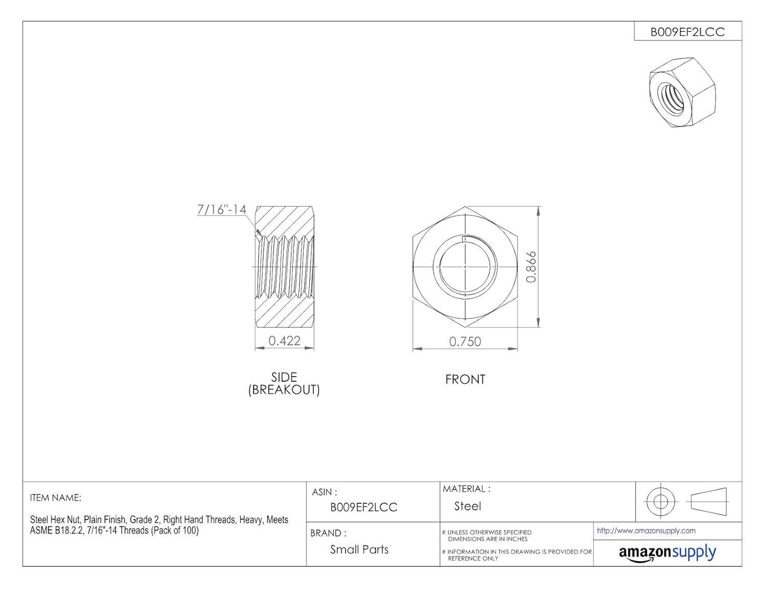 Small Parts 43NHHP Steel Heavy Hex Nut, Plain Finish, Grade 2, ASME B18.2.2, 7/16"-14 Thread Size, 3/4" Width Across Flats, 27/64" Thick (Pack of 100)