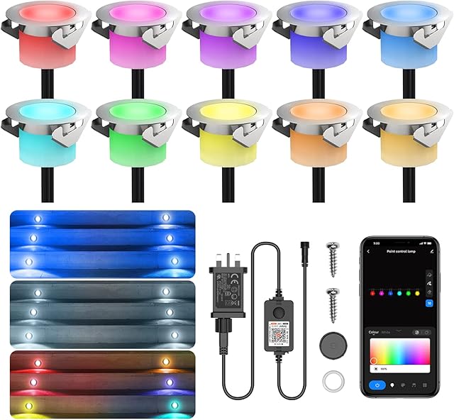 10-Pack WiFi Led Decking Lights,Ø45MM 12V Deck Lights Work with Alexa & Google Assistant,RGBWP Dreamcolor Chasing Effect,IP67 Waterproof,Music Sync Timer Decking Patio Lighting Kits for Patios,Gardens
