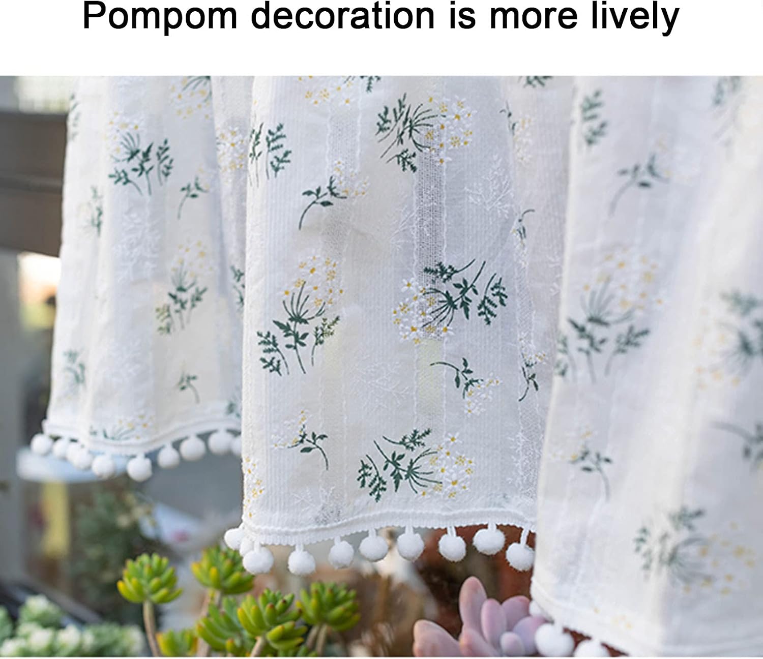 White Translucent Printed Short Curtains with Pompoms and Tassels Semi-Shading Decoration Kitchen, Bedroom, Living Room Curtains