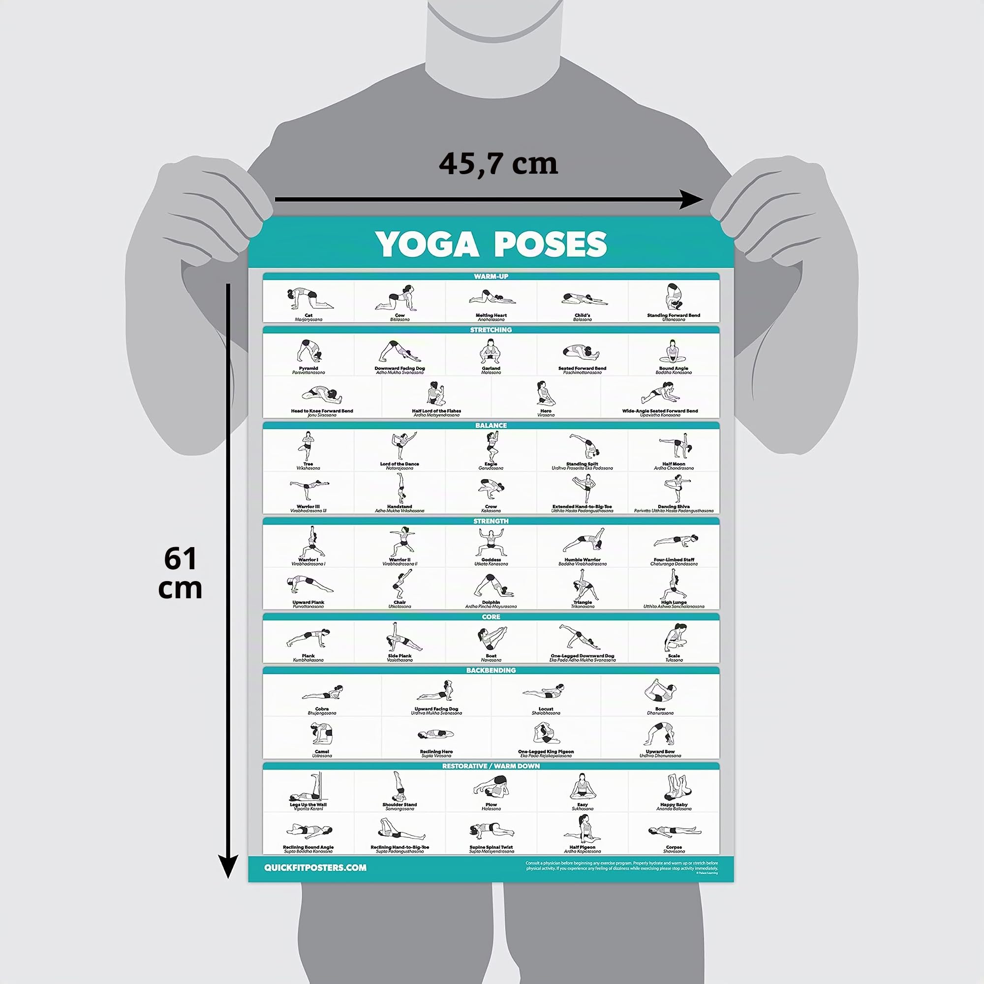 QUICKFIT 3er-Pack – Yoga-Posen + Dehnübungen + Pilates-Matte Arbeitsposter-Set – Set mit 3 Workout-Diagrammen (laminiert, 45,7 x 68,6 cm)