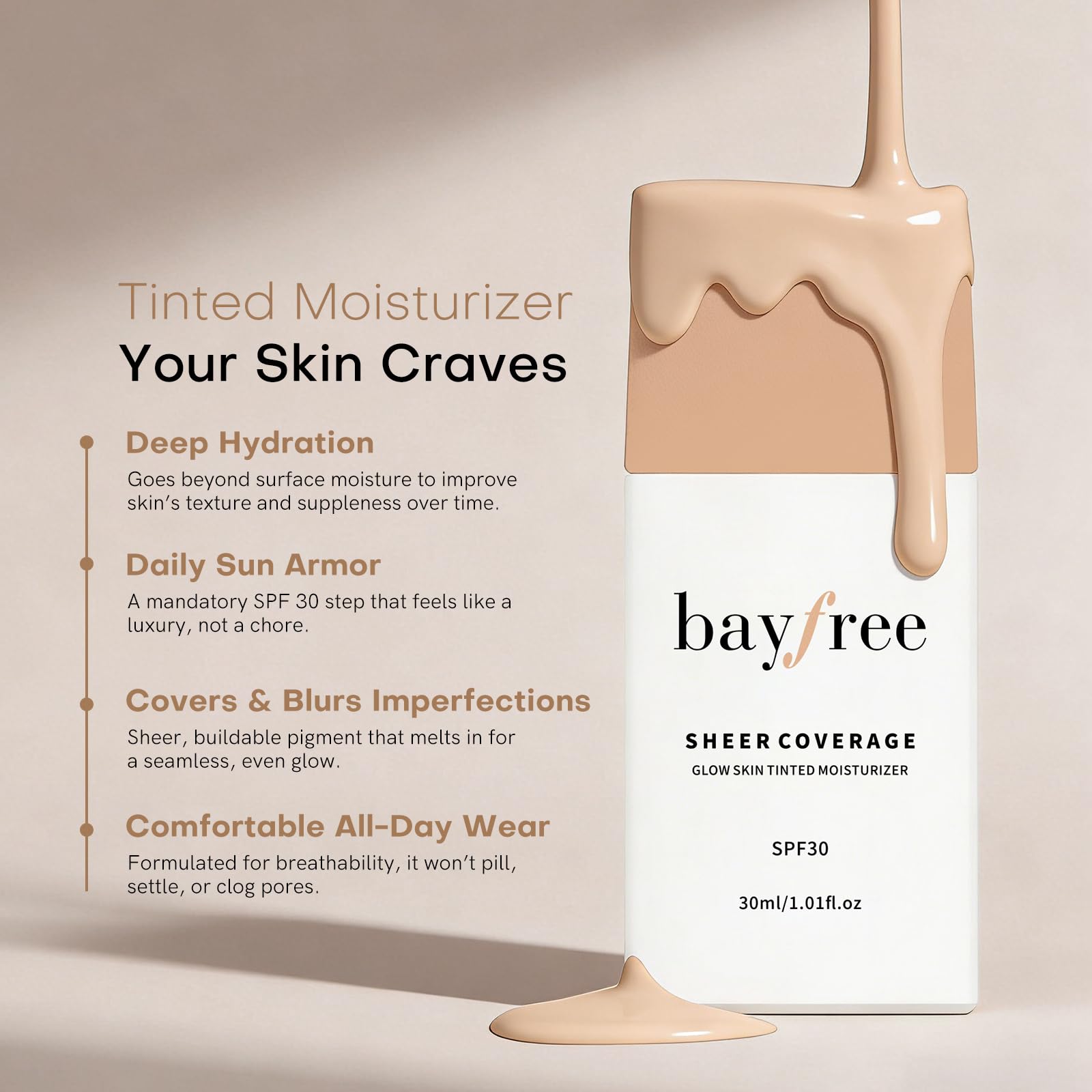 bayfree Glow Skin Tinted Moisturizer, Skin Tint Hydratante Teintée Légère Longue Tenue, Fini Transparent et Aérien, Alliant Maquillage et Soins de la Peau, Naturel et Modulable