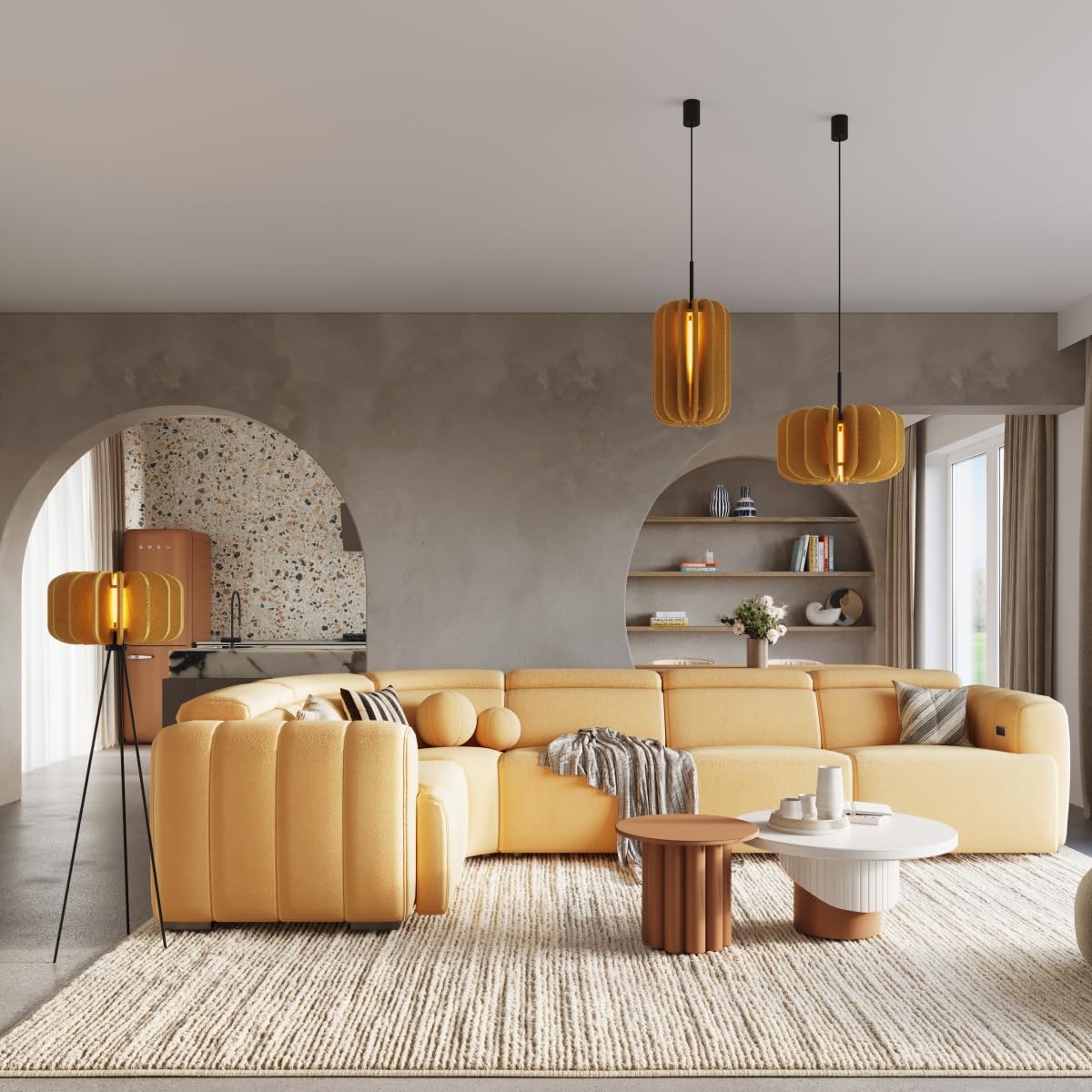 SOLLUX lighting Lampada a Sospensione - Lampada a Pendolo - Lampada da Soffitto Feltro Acciaio - 1 Paralume - Lampada LED Lampadina - Giallo Mula