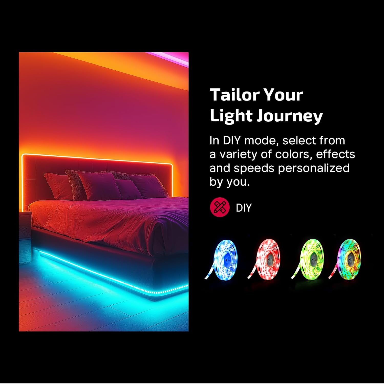 Ostrip LED Strip Light app interface showing various preset scenes and color options.
