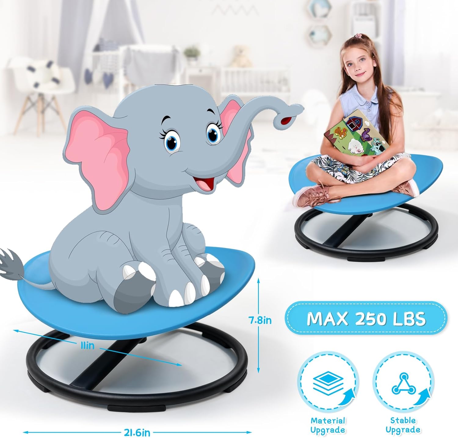 Kids Sensory Swivel Chair, Sensory Spinning Chair for Autism Kids, Body Coordination Training Chairs, Spin Seat, Metal Base, Non-Slip Design (Blue)