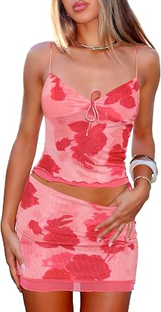 OZICERD Two Piece Sheer Mesh Mini Skirt Sets for Women 2 Piece Skirt Set Going out Tops Skort Set Summer Rave Outfit Y2k Suit