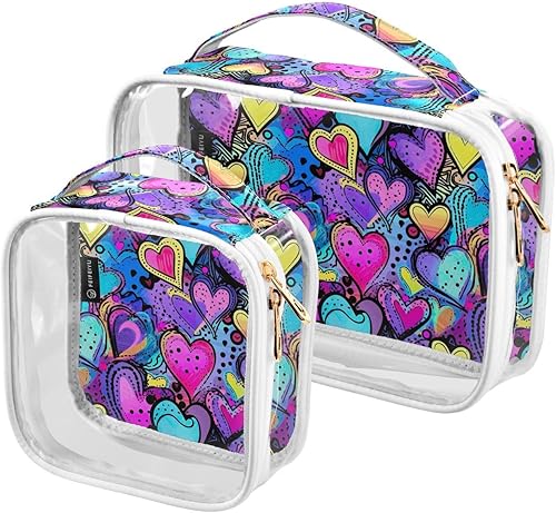 Purple Pink Blue Yellow Heart Clear Toiletry Bag for Traveling,2 Pack Makeup Cosmetic Bag with Zipper,Travel Bag for Toiletries,Travel Essentials