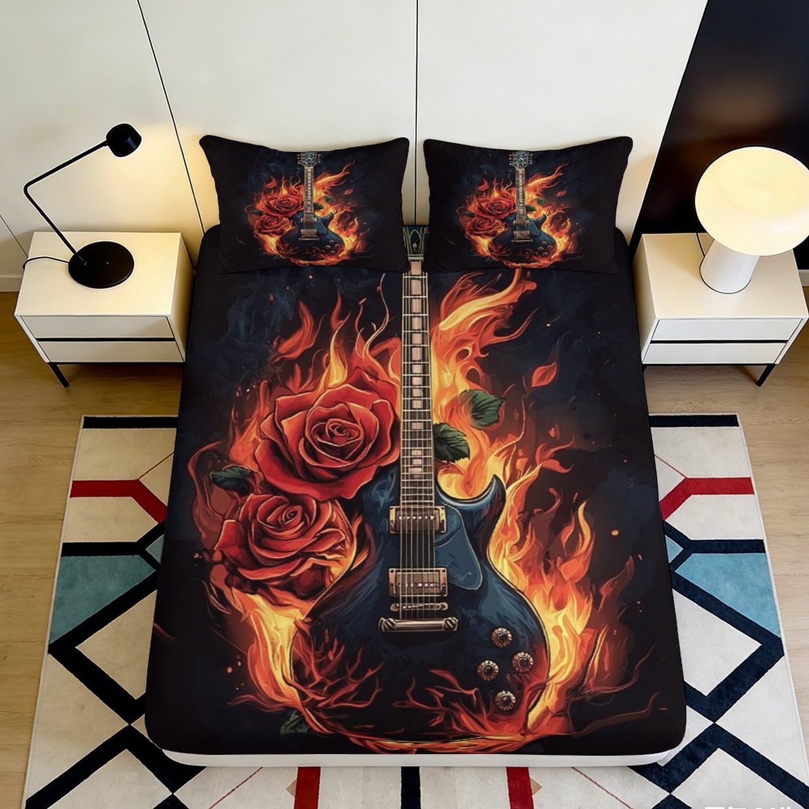 3D Printed Flame Guitar Rose Fitted Sheet Microfiber Deep Pocket Bedroom Bedding Guitar Mattress Fitted Cover Washable Adult 160x200x25cm