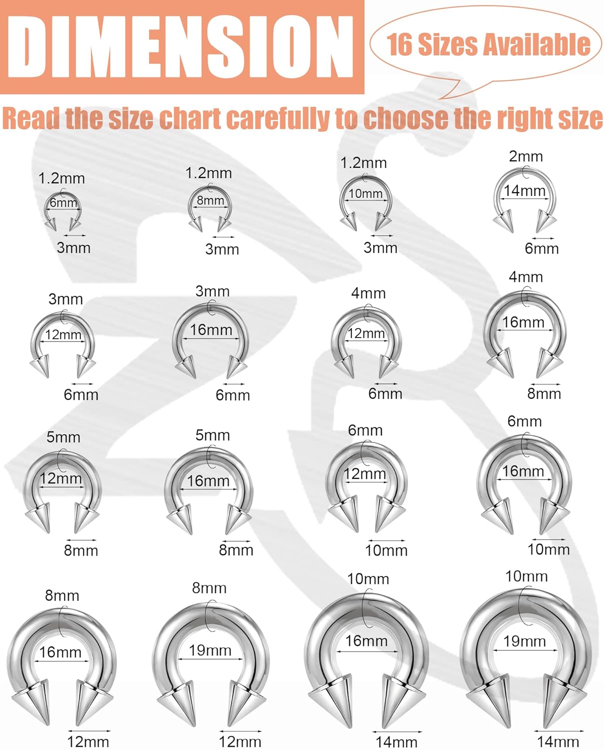 ZS Surgical Steel Spiked Horseshoe Circular Barbell, 00G 0G 2G 4G 6G 8G 12G 16G PA Rings, CBR Nose Septum Nipple Tragus Lip Ear Body Piercing Jewelry - Image 5