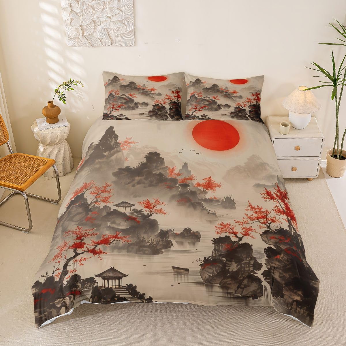 Loussiesd Cherry Blossoms Duvet Cover Single Size Ink Wash Mountain Lake Bedding Set for Boys Girls Japanese Ukiyoe Theme Comforter Cover Mount Bedroom Decor 2Pcs — image 1