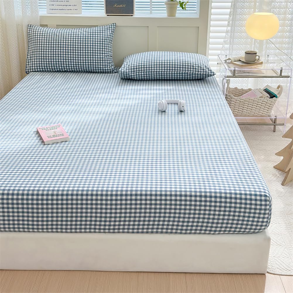 Blue Gingham King Fitted Sheet Soft 100% Washed Cotton Grid Bottom Sheet with 15" Deep Pocket 1 Piece Plaid Fitted Sheet Blue Gingham Bedding Farmhouse Comfortable and Breathable Mattress Cover