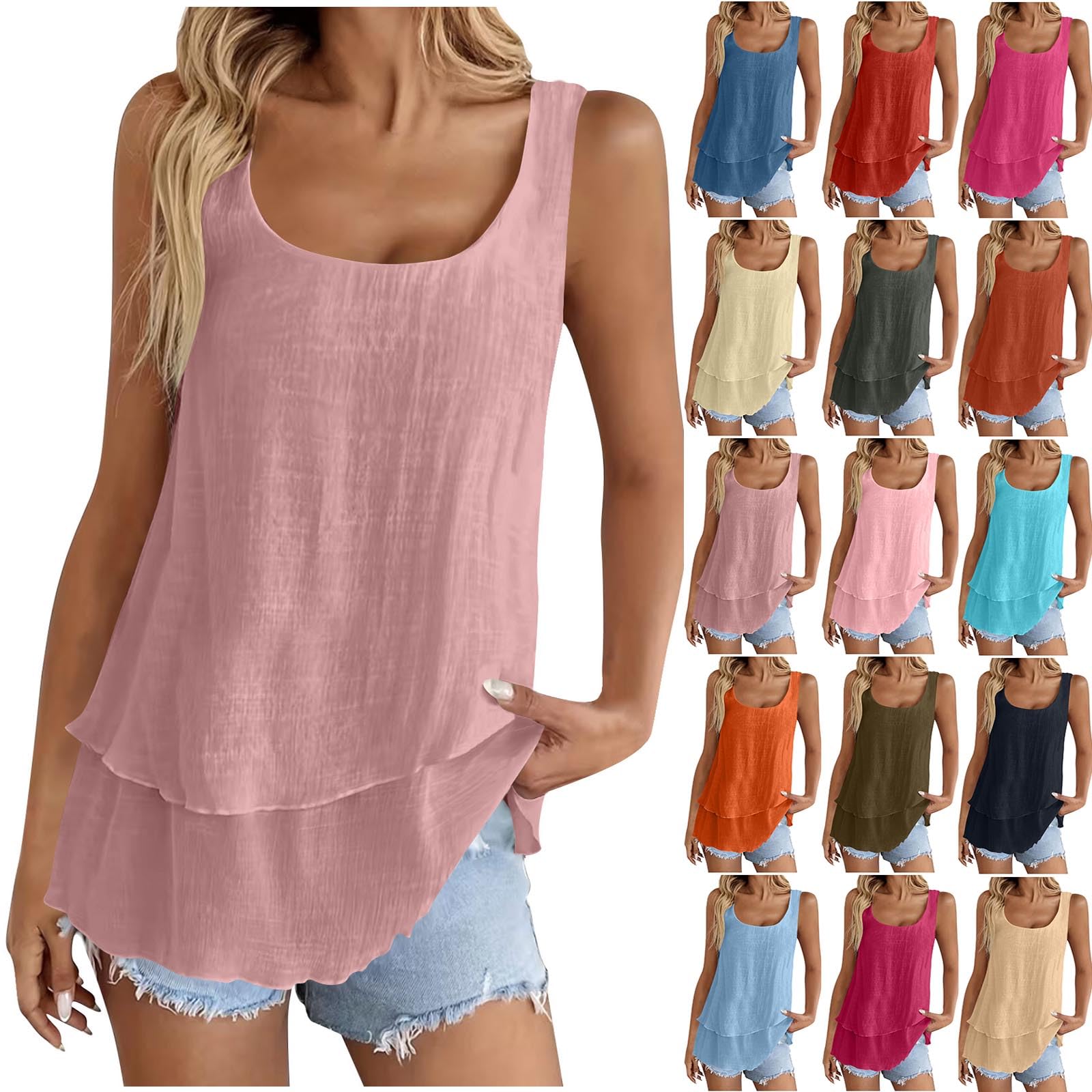 Tank Top Damen Sommer,V-Ausschnitt Doppelter Saum Leinenbluse Elegante Ärmellose Shirts Leinenshirt Baumwolle Einfarbige T-Shirts Basic Blusentop Musselin Tanktops für Urlaub Strand