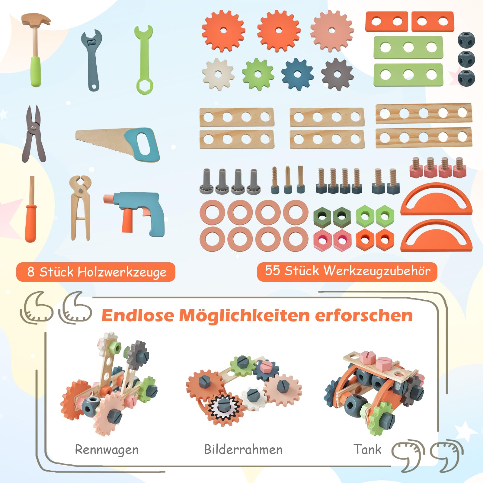 GOPLUS Kinder Werkzeugbank, Spielwerkbank aus Holz mit magnetischem Werkzeughalter, Arbeitsplatte & unterer Ablage, Kinderwerkbank mit reichhaltigem Zubehör und Werkzeug für Kinder ab 3