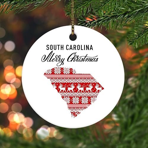 Novelty Christmas Decorations Merry Christmas US South Carolina State Map Christmas Ornaments for Xmas Tree Round Keepsake Porcelain Bauble Stocking