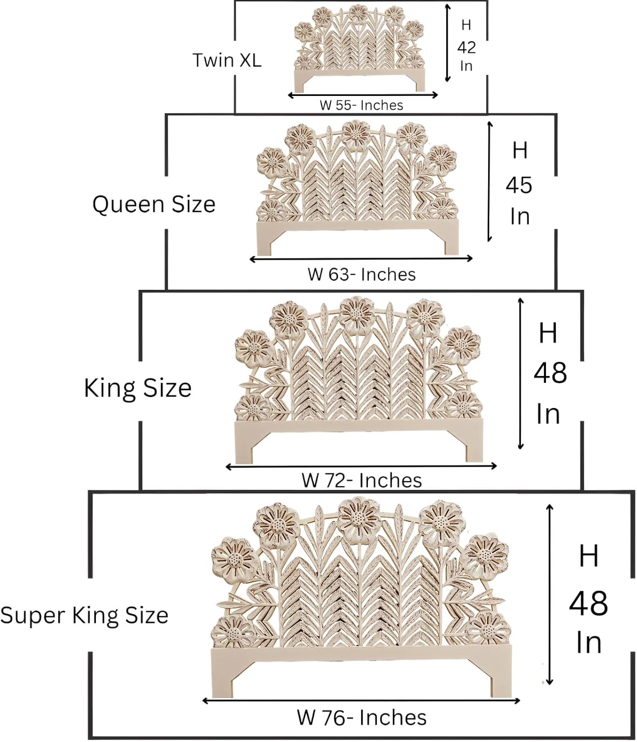 Off White Floral Handmade Wood Carved Wall Decor Carved Headboard Only Half Moon Wooden Wall Mount Headboard (Queen Size- 63x45x1 -inches) | Engineered Wood