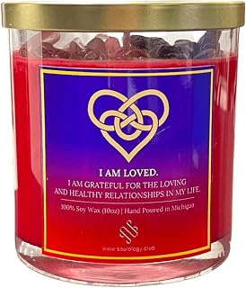 I Am Loved Crystal Affirmation Candle | Healing Candle | Cocoa Butter Cashmere Scented Candle Infused Rose Quartz and Amethyst |10oz Jar | 100% Soy Wax & Phthalate-Free Fragrance |Manifest Love Candle