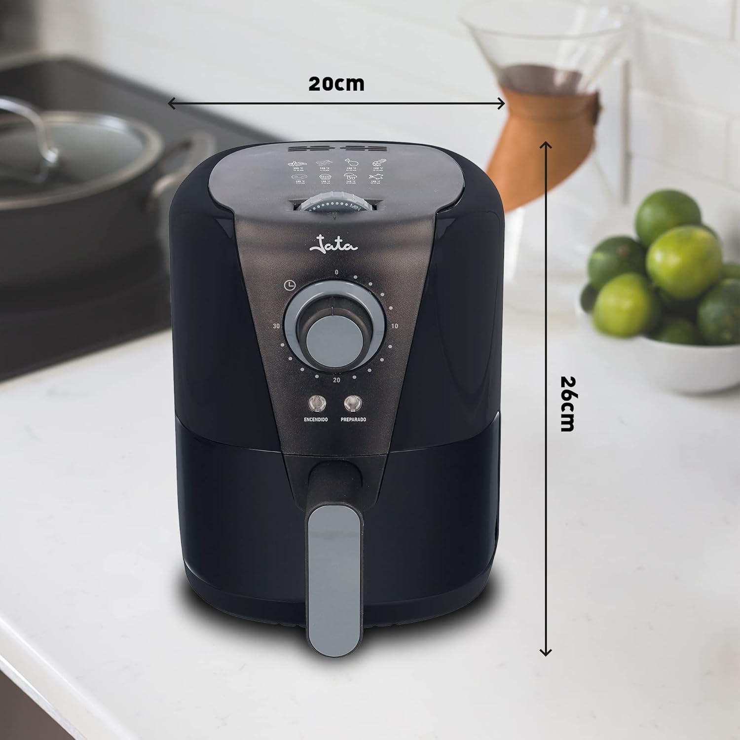 Jata JEFR1221 - Friggitrice senza olio con cestello da 1,5 l, temperatura da 80 a 200°, cestello antiaderente e lavabile in lavastoviglie, Timer da 30 minuti, design compatto, colore: nero