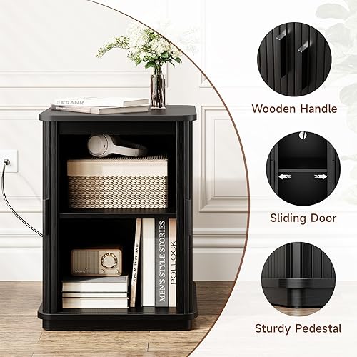 Miniatura 4 de ONBRILL Mesa auxiliar cuadrada con estación de almacenamiento y carga, mesa auxiliar acanalada con puerta corredera y pedestal resistente, mesita de