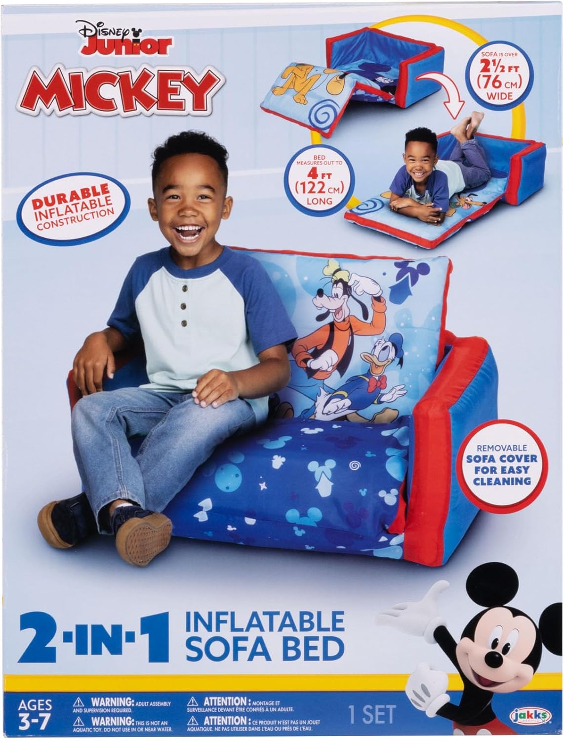 Mickey Mouse Kids Sofa Bed, Children's 2-in-1 Flip Open Inflatable Comfy Couch to Lounger, Toddler Nap Mat, Kids Couch Sofa for Boys and Girls Playroom