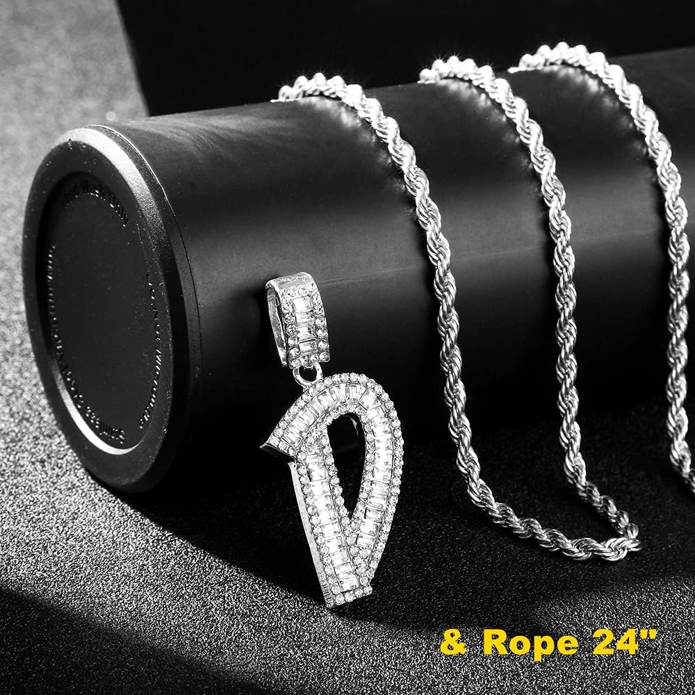 HH Bling Silver Gold Iced Out Baguette Initial Letter Necklaces for Men Women, Big Cz Diamond Capital Letter Pendant A-Z with Rope Tennis Chains