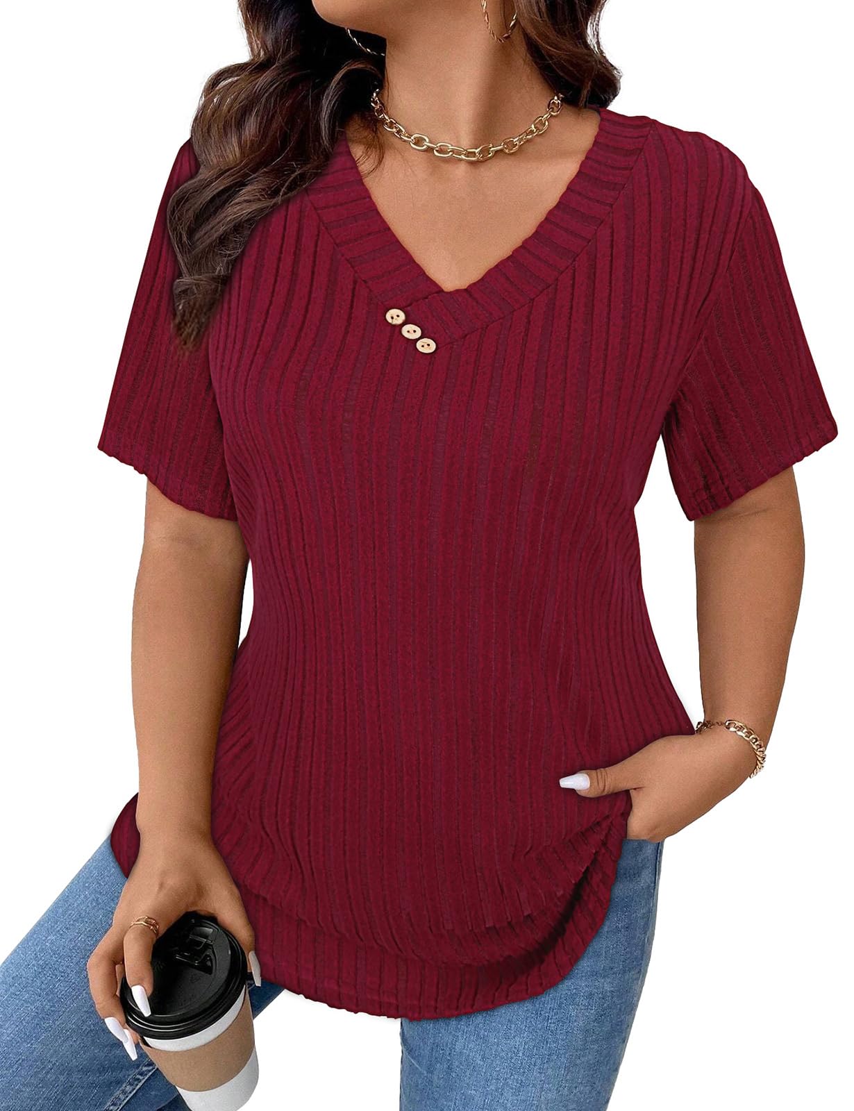 LURANEE Womens Plus Size Tunic Tops Summer Short Sleeve Casual Shirts Lightweight V Neck Blouses 1XL-5XL