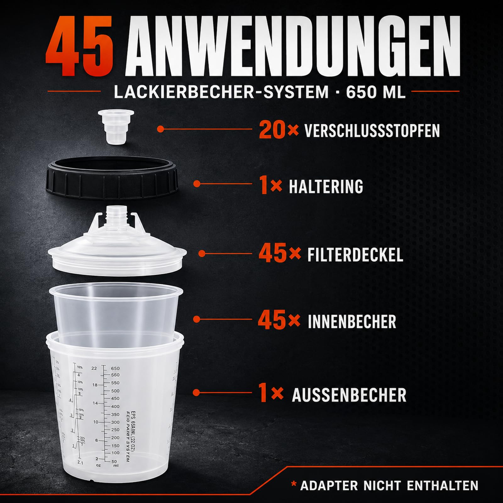 Lackierbecher Set 650 ml, 45 Einwegbecher für HVLP-Lackierpistolen | Enthält 45 Filterdeckel mit 125-μm-Filter, 20 Stopfen und 1 Hartbecher zum Mischen, Filtern, Sprühen und Aufbewahren