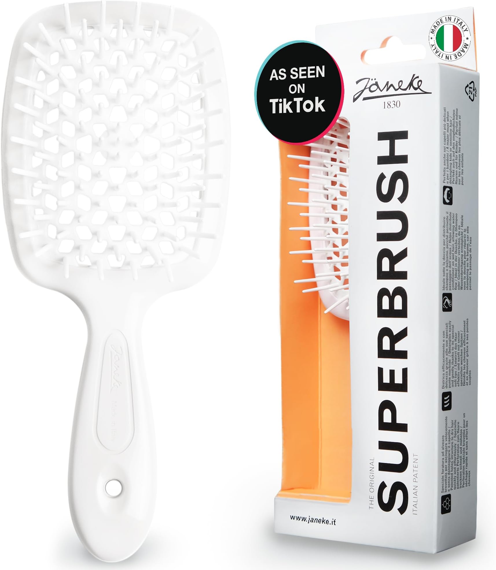 Janeke Superbrush Detangling Brush for Soft Smoothing Hair Brushing with Anti-Static Bristles - Vented Wet Hair Brush for Blow Drying Use - Perfect for Curly, Thick, Wavy, Fine Hair Types (White)