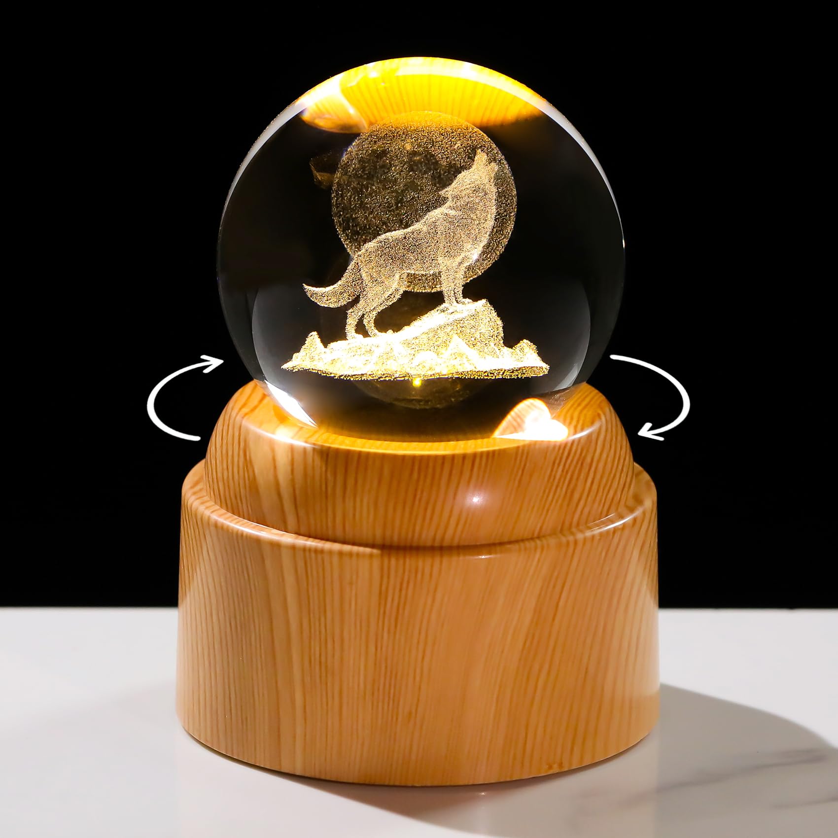 Arikyrist 3D Wolf Moon Rotatable Crystal Ball Gifts for Men with Light Base