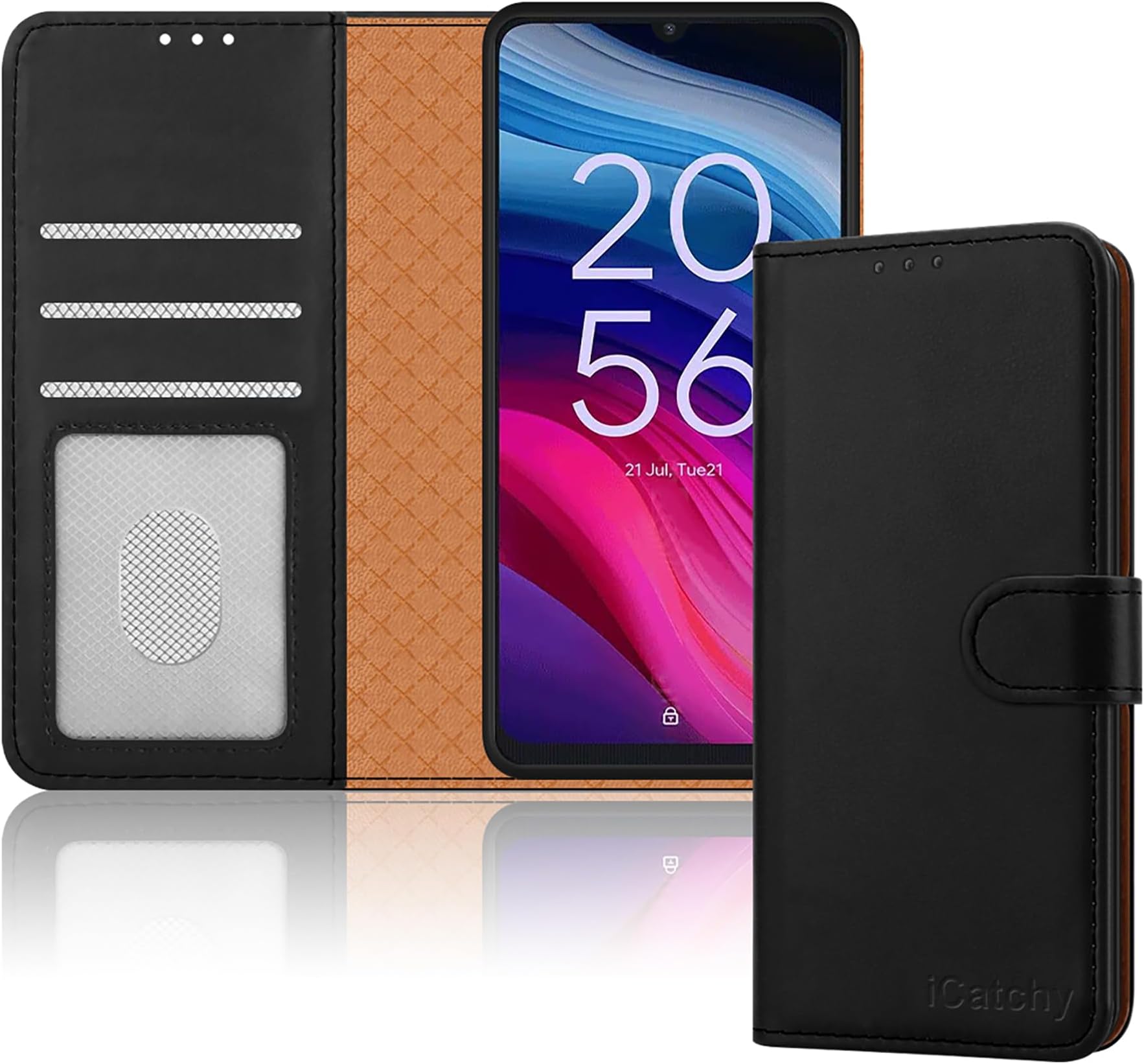 iCatchy For TCL 505 Case Leather Wallet Book Card Slots Magnetic Closure Kickstand Shockproof RFID Blocking Protective Phone Cover for TCL 505 (Black)
