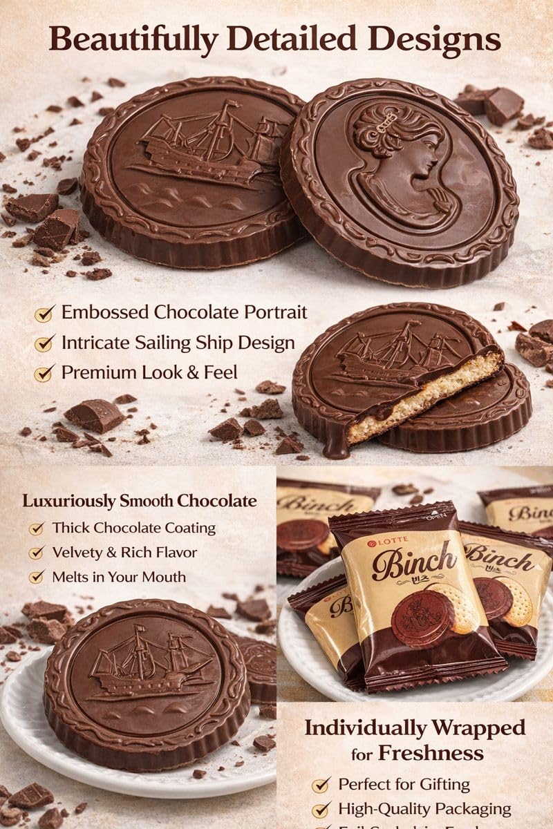 Binch Korean Chocolate Biscuit, Pack of 2 (48 Pcs, Total 408g) – Premium Half Chocolate & Half Biscuit – Imported K-Snack, Perfect with Coffee or Tea