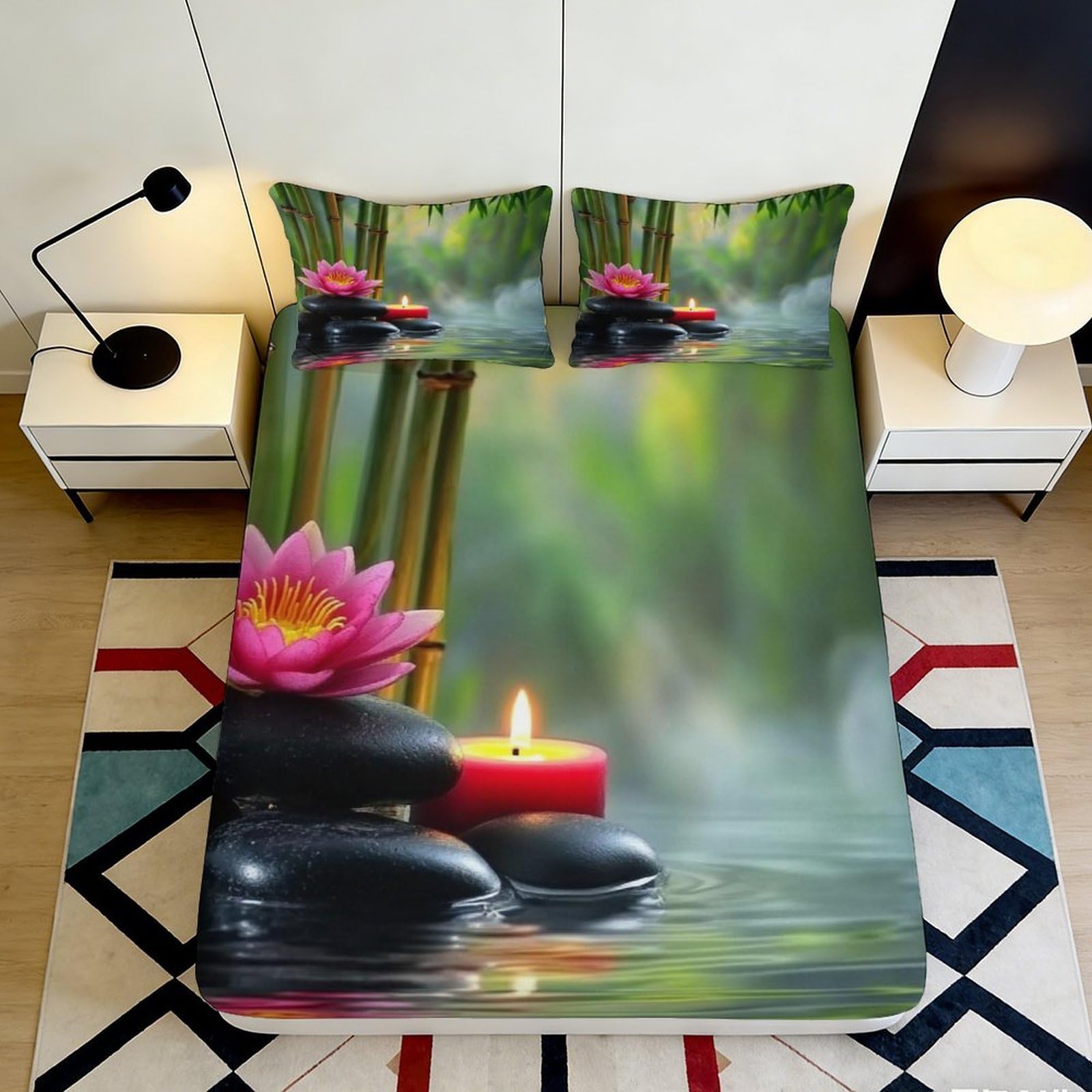 3D Printed Zen Lotus Fitted Sheet Microfiber Candle Stone Bed Sheet Decor for Bedroom Guest Room Washable 90x200x25cm