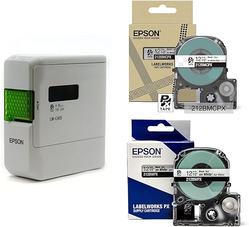 LABELWORKS Epson LW-C410PX - Paquete de limpieza de primavera - Etiquetadora LW-C410PX y 2 cintas de etiquetas minimalistas - 1/2" blanco y