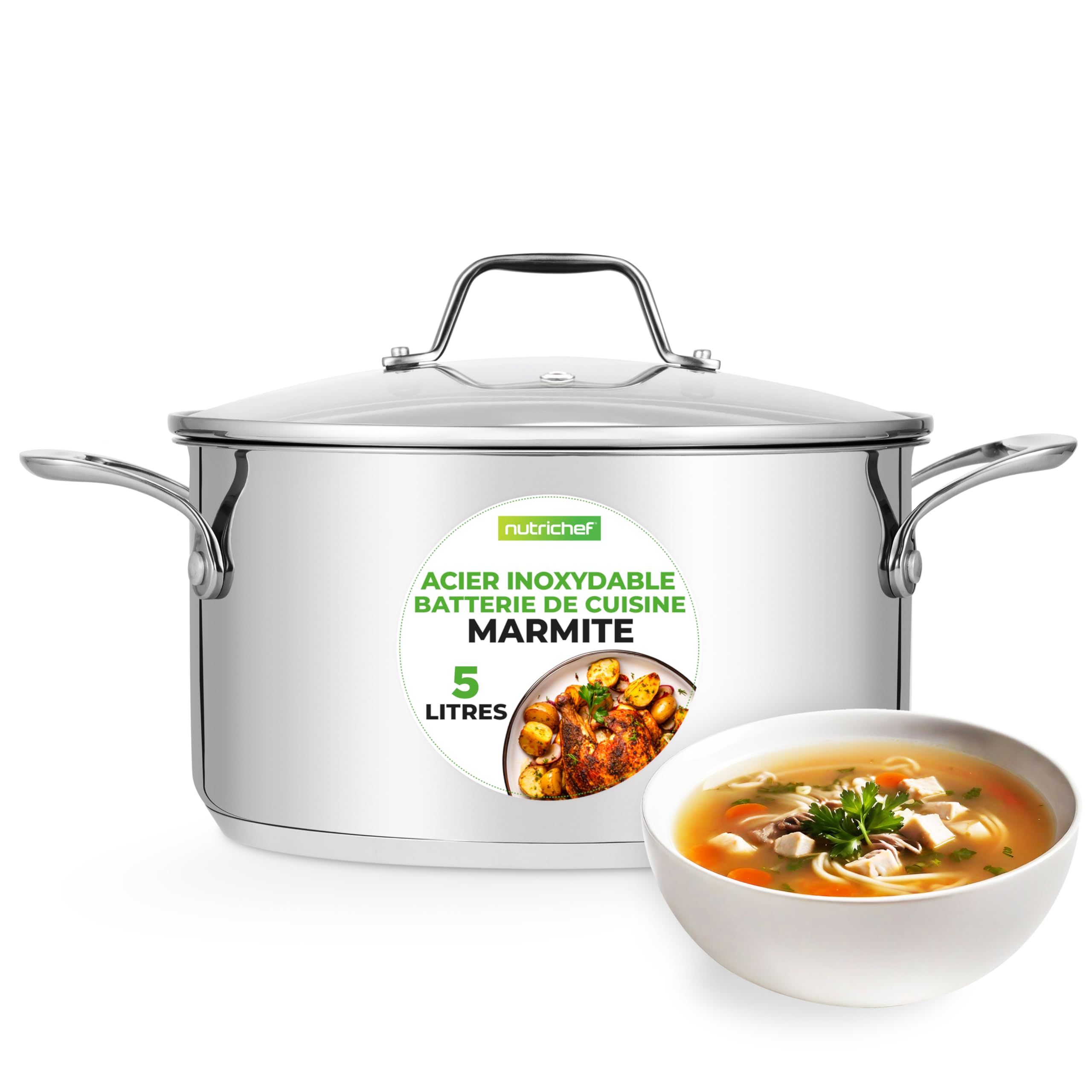 NutriChef 6-Quart Stainless Steel Stock Pot - 18/8 Food Grade Steel Heavy Duty Induction - Stock Pot, Stew Pot, Simmering Pot, Soup Pot with See-Through Lid, Dishwasher Safe - NutriChef NCSP6