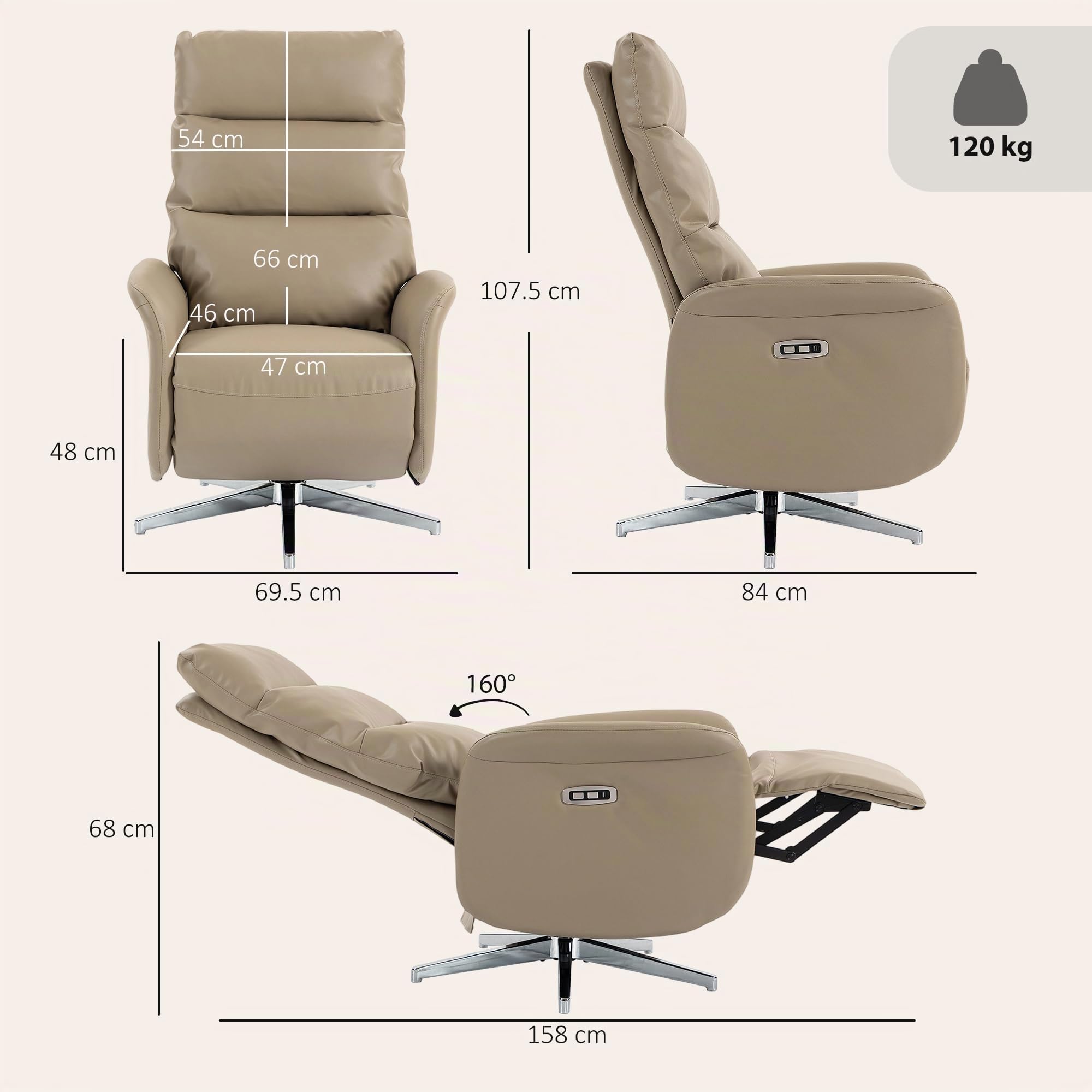 HOMCOM Poltrona Relax Elettrica Reclinabile 160° con Poggiapiedi, Marrone
