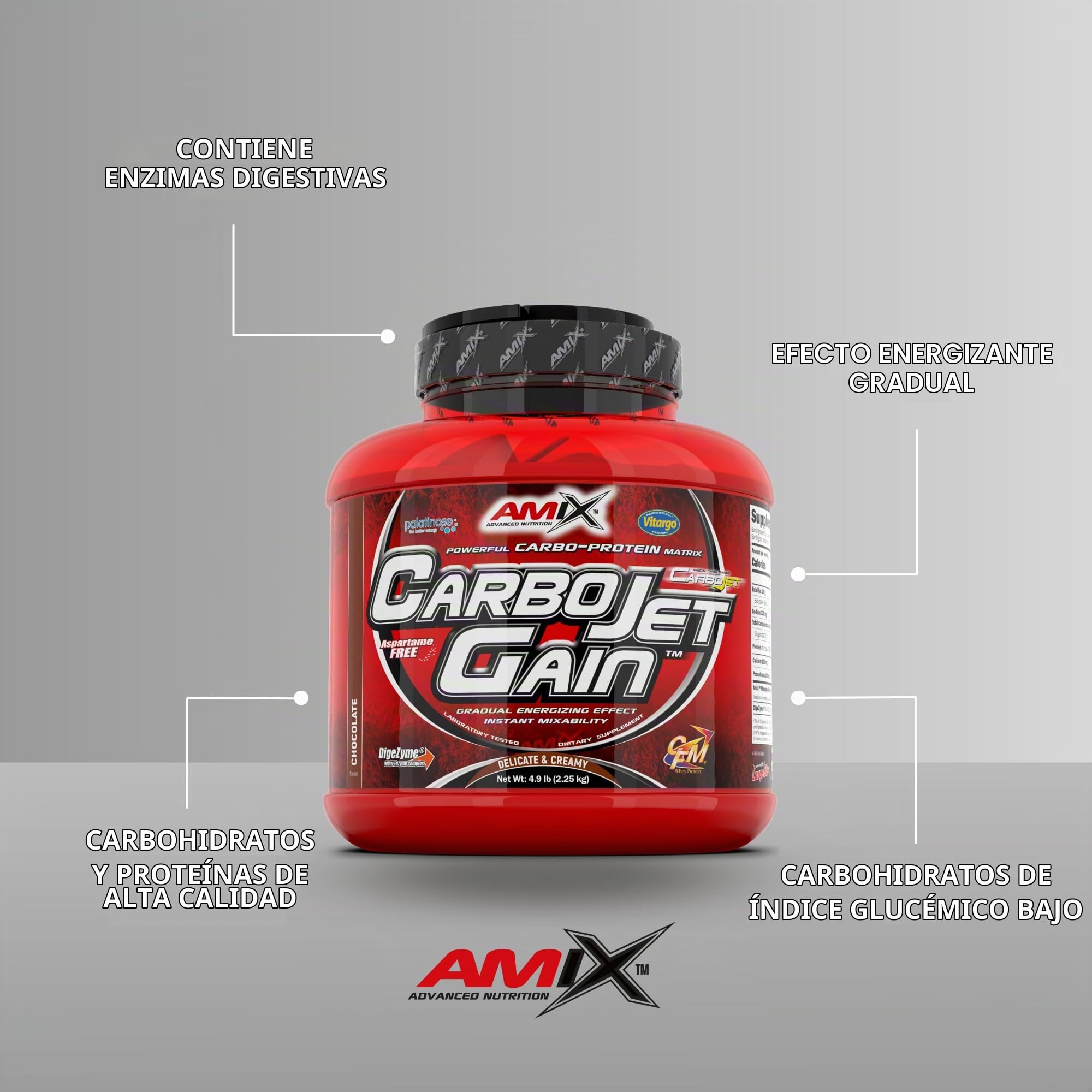 AMIX - Proteína en Polvo Carbojet Gain - Suplemento con Hidratos de Carbono -Proteína para Ganar Masa Muscular - Ideal para Atletas de Élite - Sabor Chocolate - 2,25 KG