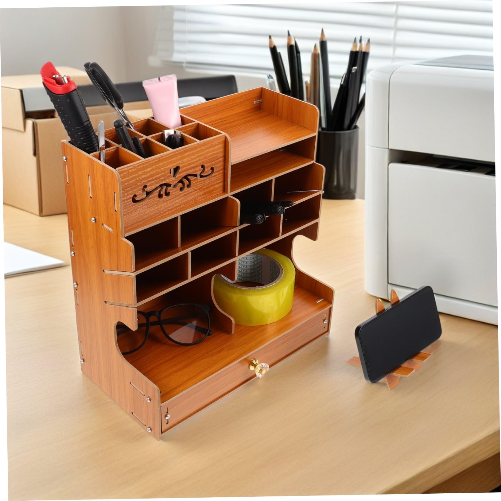 Organizer Penne in Naturale Capacità Portaoggetti Scrivania Multifunzione con Scomparti Multipli Elegante Supporto Cancelleria per Ufficio e Casa