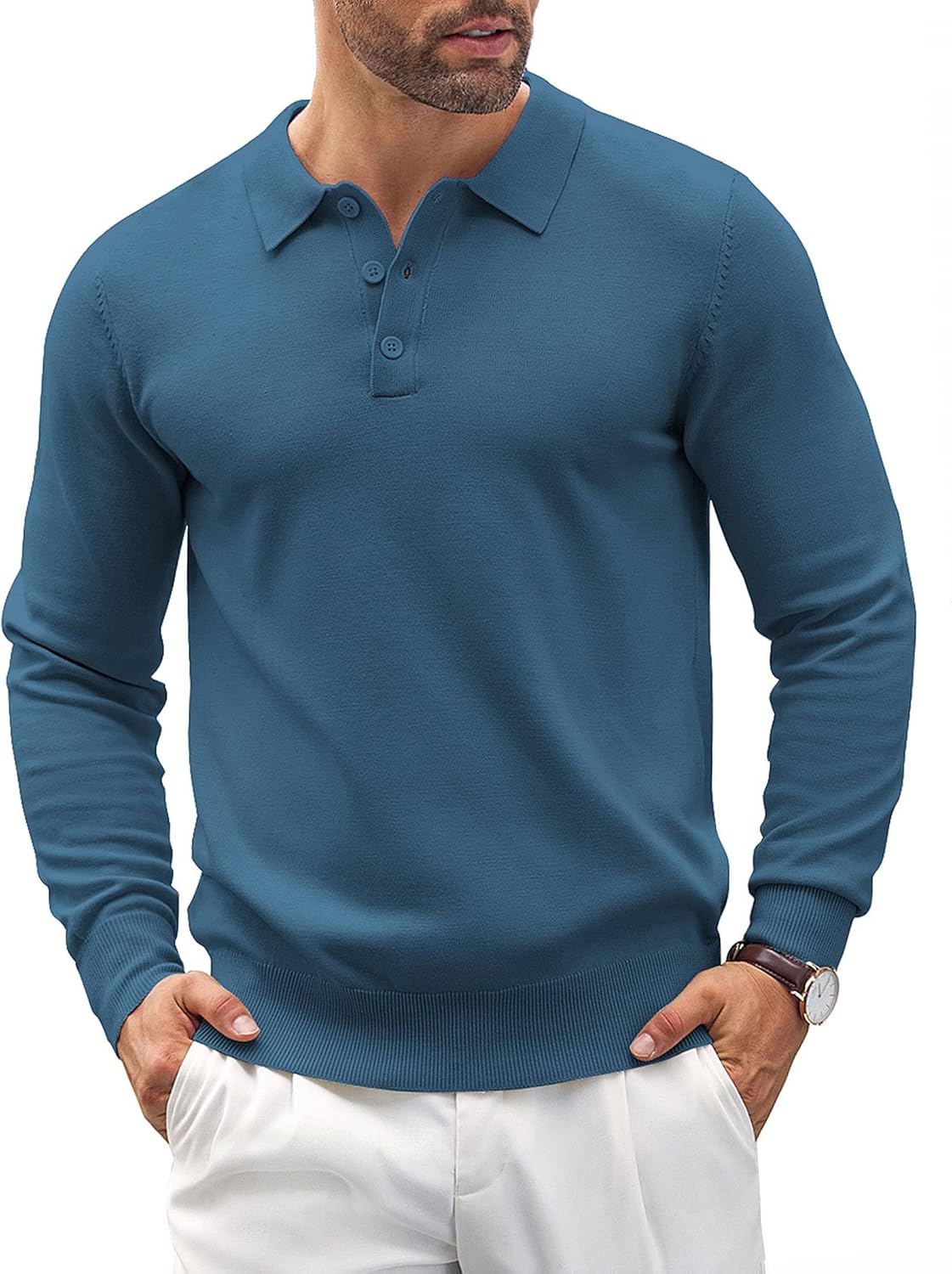 COOFANDY Mens Knit Polo Shirts Casual Long Sleeve Classic Polo Shirts Button Down Golf Shirts
