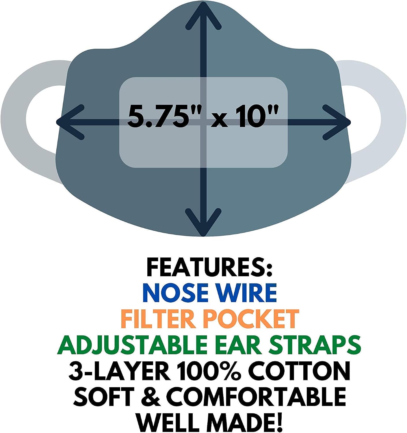 Cotton Face Masks with Adjustable Ear Loops and Filter Pocket - Reusable, Breathable, Washable Cloth Fabric Face Masks for Adult Women and Men - Gray, Mauve, Paisley, Lilac, Geometric - 5 Pack