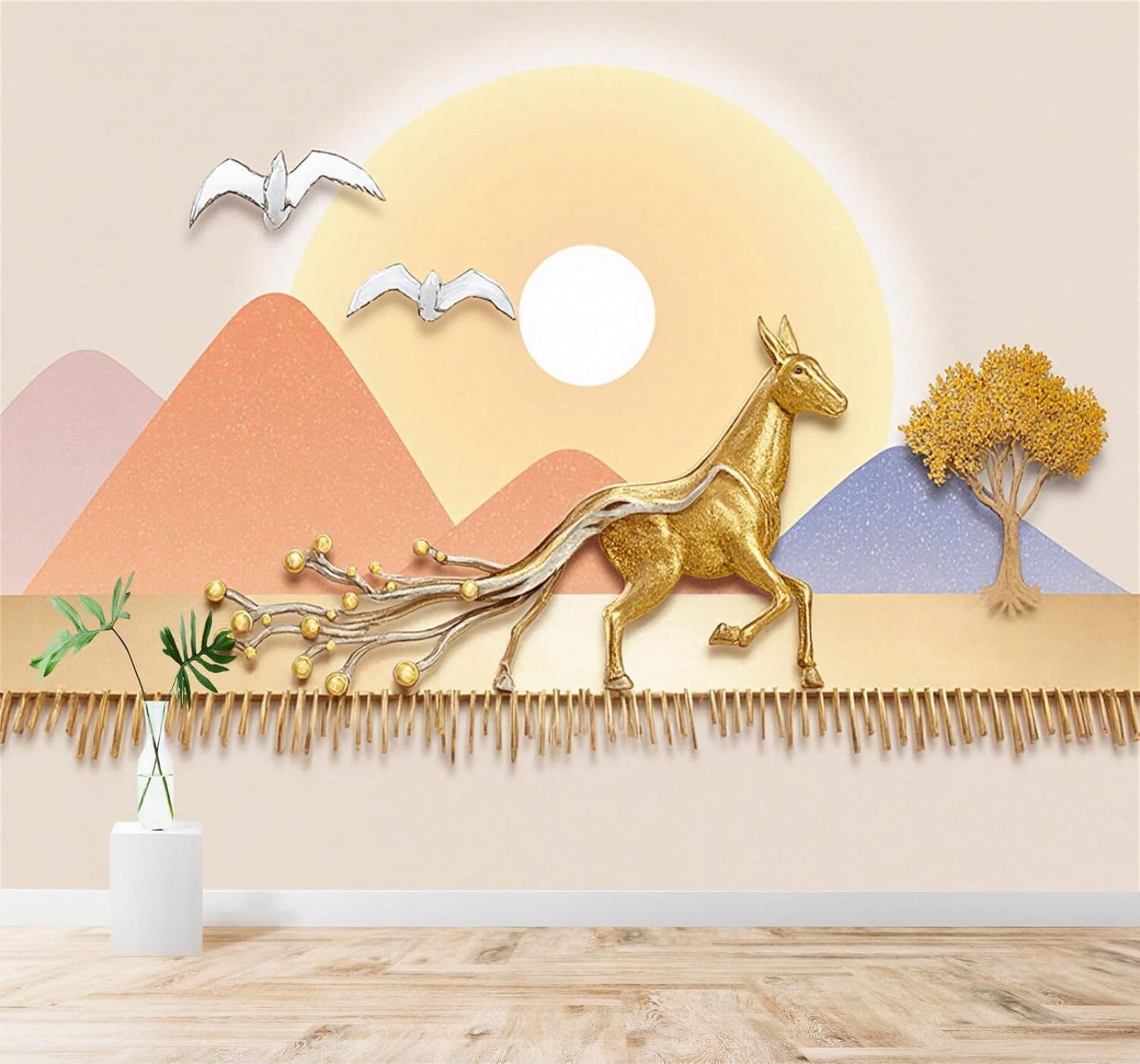 XLMING Golden Deer Sunrise Mountain Peaks Birds in Flight Trees 3D Wallpaper Silky Texture Home Study Office Grey Dining Room Sofa Bedroom Living Room TV Backdrop-430cm×300cm
