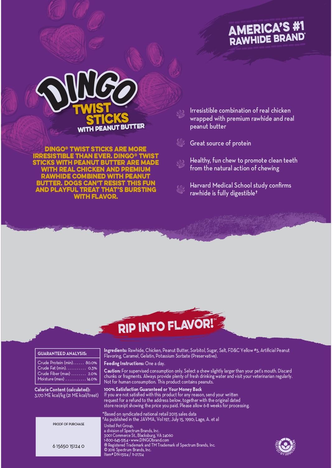 Dingo Twist Sticks with Peanut Butter, Rawhide Chew, 25-Count