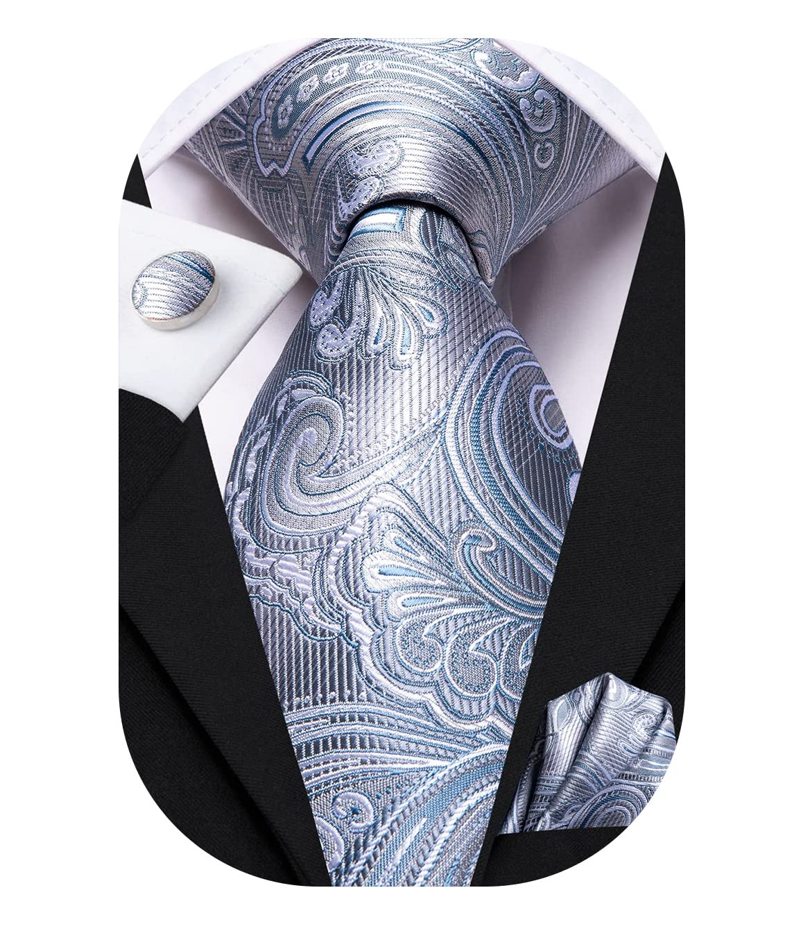 Hi-Tie Silk Men Tie Set Gray and Blue Jacquard Paisley Necktie and Pocket Square Cufflinks Set Wedding Party Business Formal Ties
