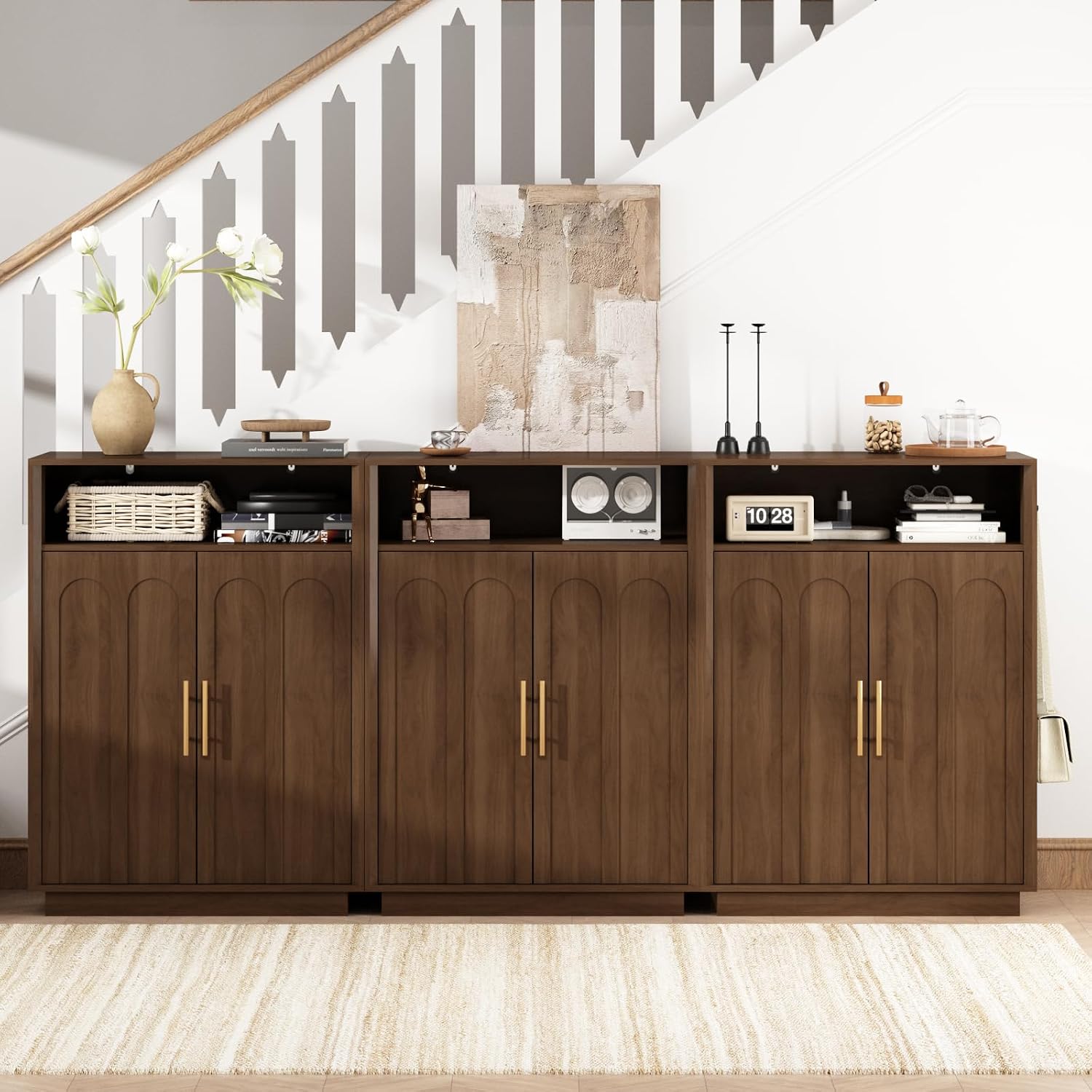 Shoe Cabinet with Arched Doors, 43" Tall Large Hidden Shoe Storage Cabinet with Adjustable Shelves, 5-Tier Mid Century Modern Shoe Rack Organizer for Entryway Hallway Living Room, Walnut