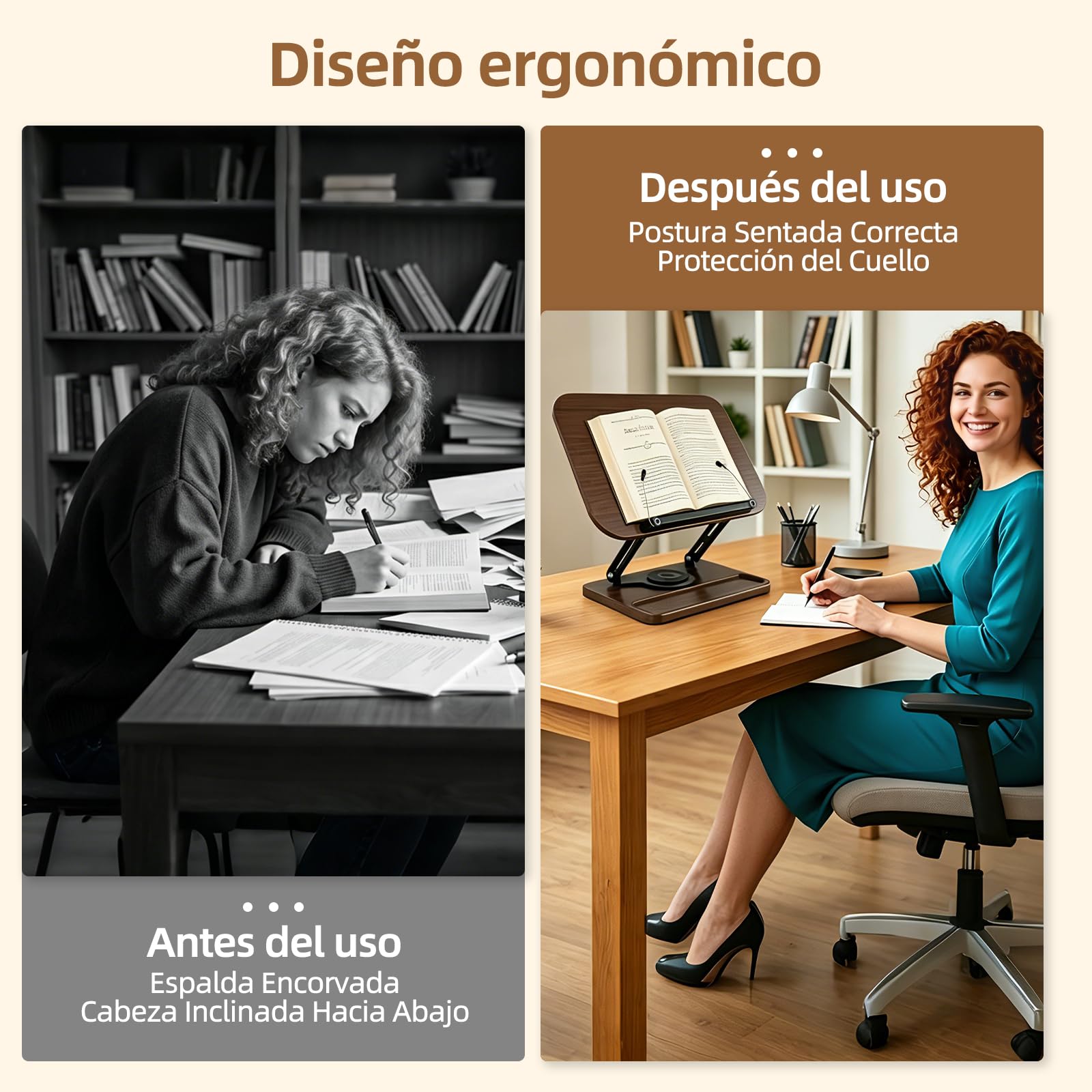 Atril para libros plegable y giratorio 360° – Soporte ergonómico de madera para lectura, libros de cocina y tabletas – Lectura manos libres, ajustable y ergonómico para cocina y oficina en casa