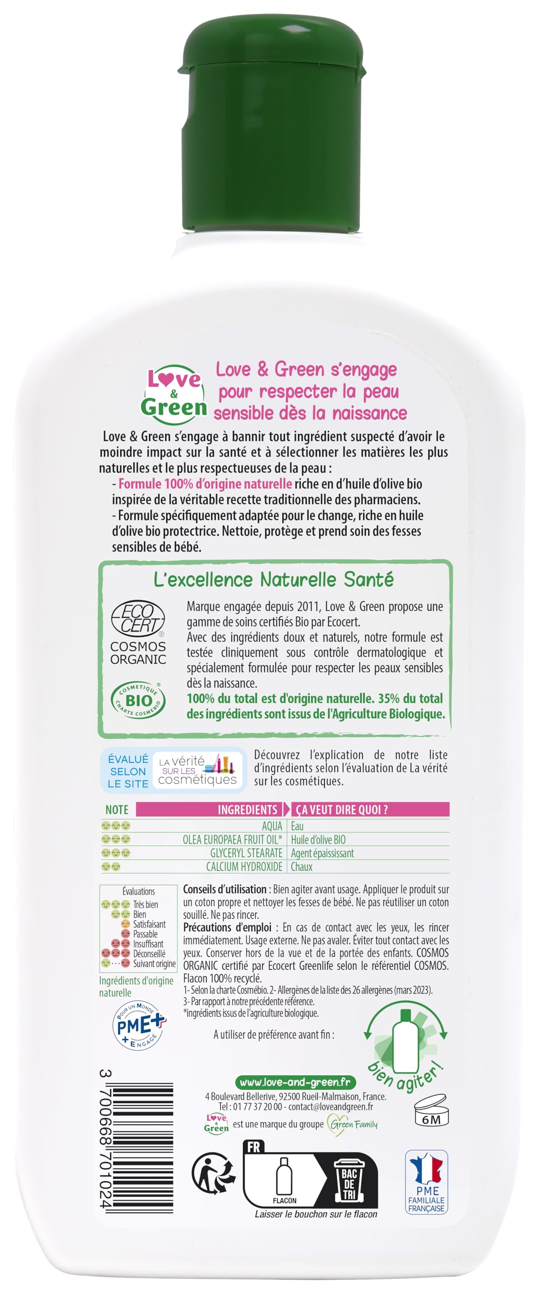 Love & Green BioLiniment certifié Bio Sans parfum - 500ml - Fabriqué en France