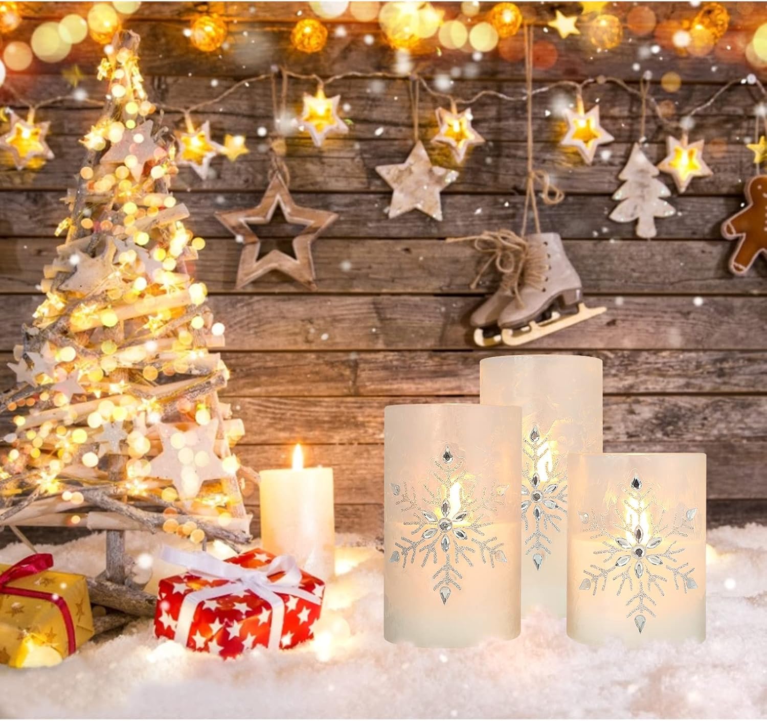 Holiday Flameless Candles, Christmas Remote LED Flickering Candle Glass, Jeweled Snowflake Frost Ice Effect, Battery Operated, Xmas Gift Decorations New Year Party Wedding Decor [x3]