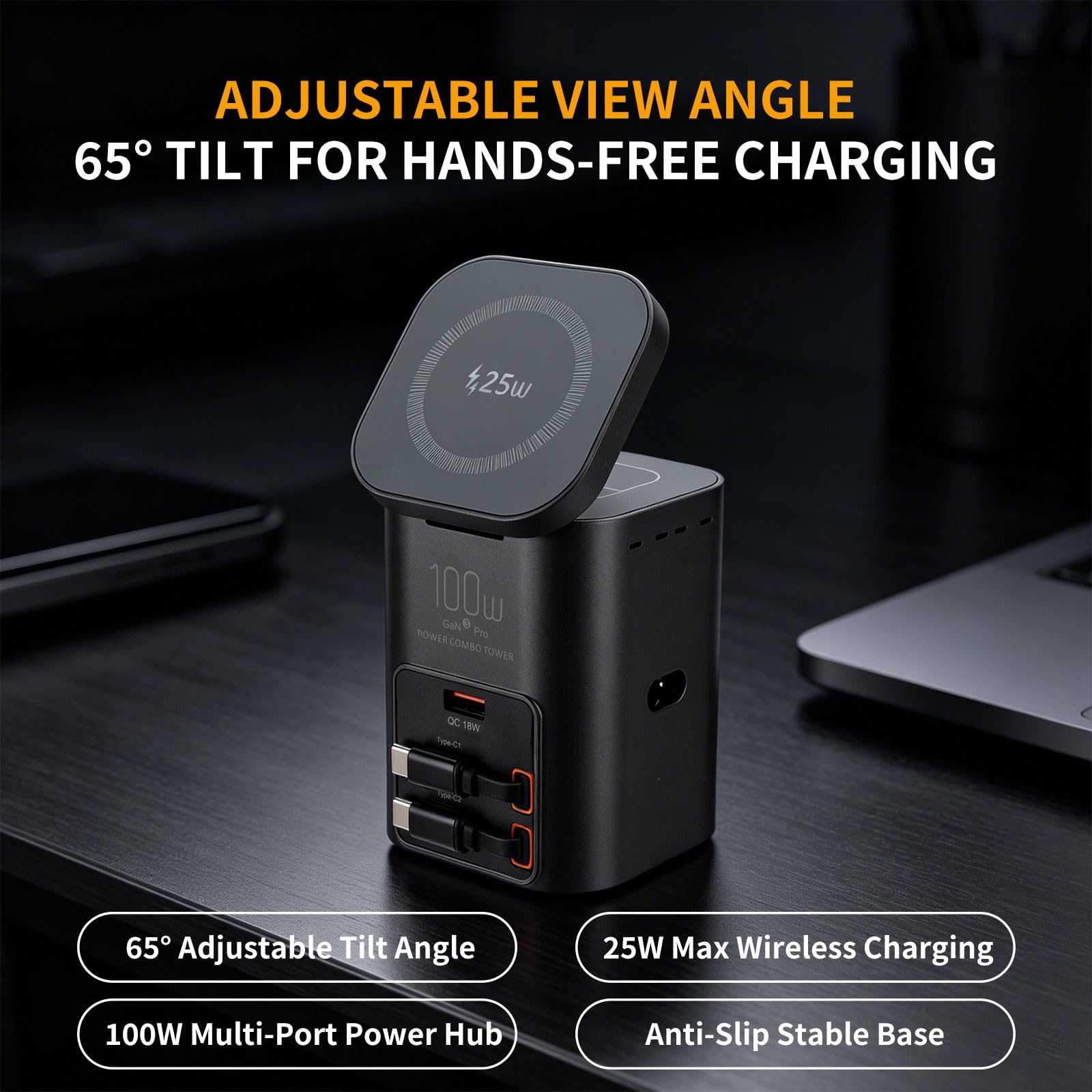 Stazione di ricarica da tavolo multifunzione da 100 W, caricabatterie wireless con doppio cavo USB-C retrattile da 75 cm, USB-A QC3.0, ricarica rapida per laptop, telefoni, auricolari