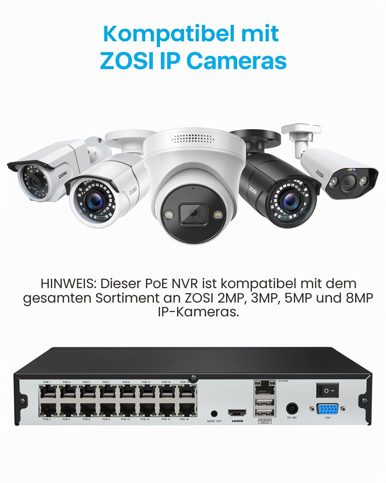 ZOSI 16CH 4K PoE NVR mit 4TB Festplatte, Videoüberwachung Rekorder für IP PoE Kamera 2MP/3MP/4MP/5MP/8MP 4K, Funktioniert Nur mit ZOSI PoE Kameras