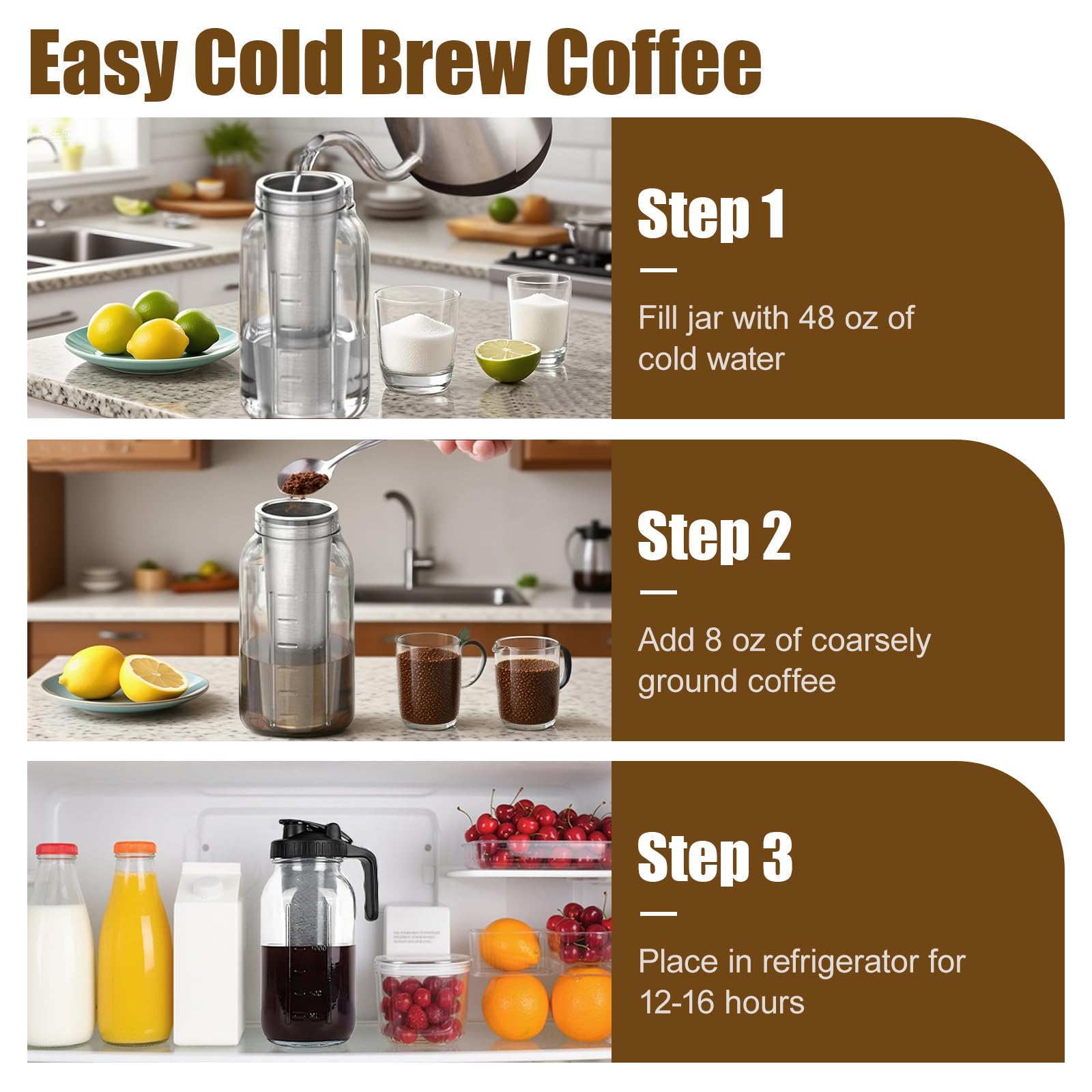 Cafetière à infusion froide 2 L en acier inoxydable pour café glacé et thé glacé