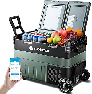 AAOBOSI 40L Kompressor Kühlbox, Dual Zone, Camping Kühlschrank mit APP, LED-Beleuchtung, 12/24V und 100-240V, USB-Anschluss, -20°C bis 20°C, Kühlbox Kompressor für Auto, LKW, Boot, Camping und Reisen