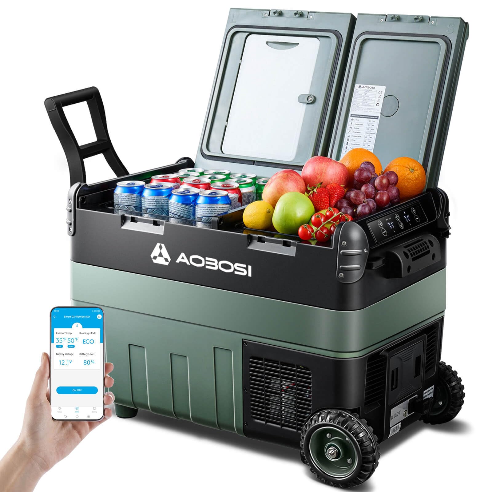 AAOBOSI Nevera Portatil 40L, Nevera 12V Compresor Doble Zona，20°C a -20°C, 12/24V DC y 100-240V AC, Rugged Nevera para Coches, Camiones, Autocaravanas, Barcos, Hogar, Camping y Pesca