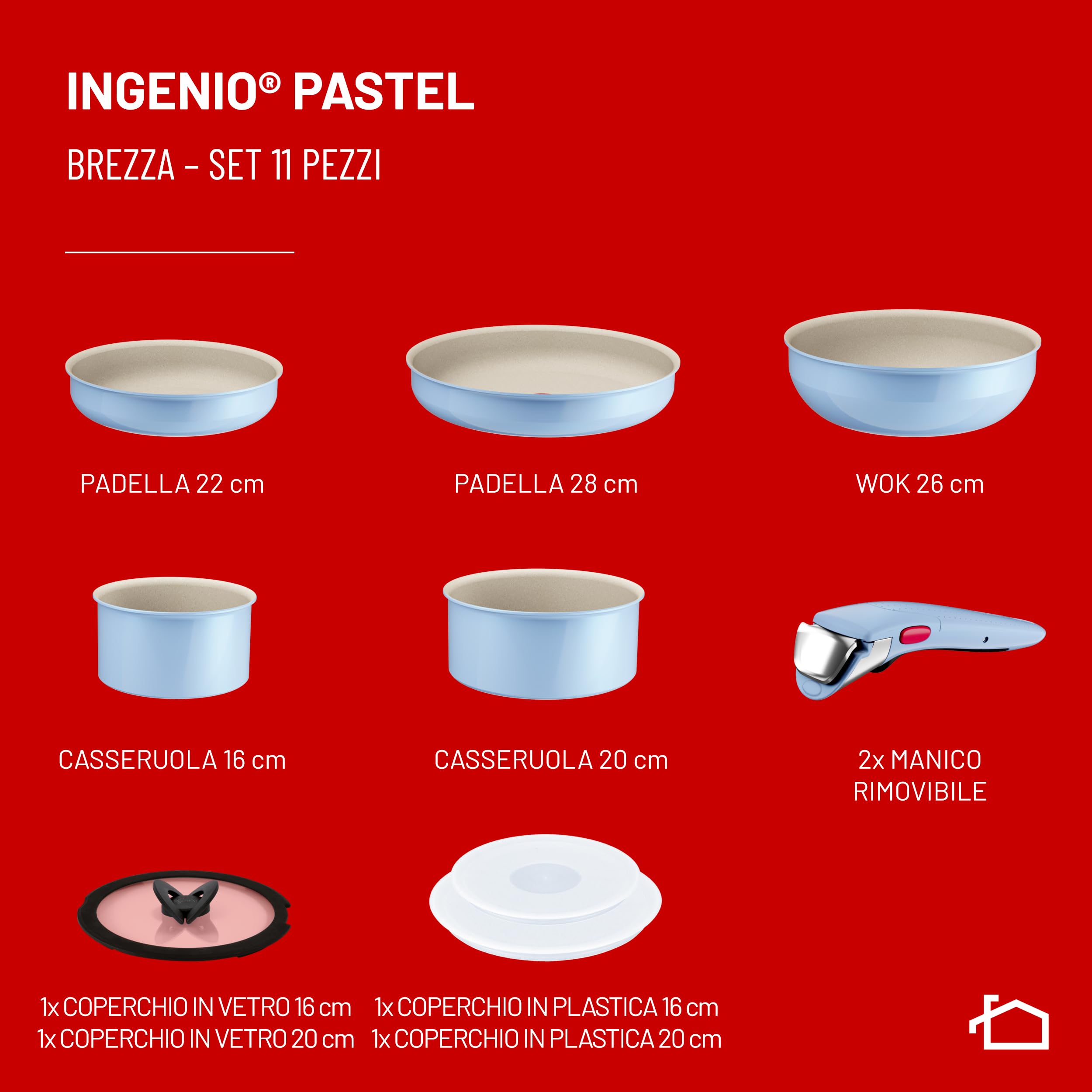 Lagostina Ingenio Pastel, Set di Padelle Antiaderenti 11 Pezzi con Manico Rimovibile, Compatibili con Induzione e Forno, Design Salvaspazio, Colore Brezza